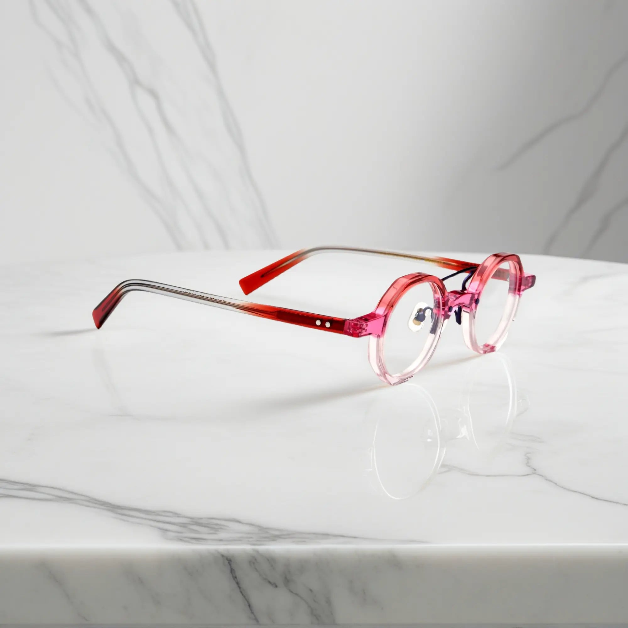 Side shot of VoyueLens™ VL19244 feminine Rosé Amethyst Glow eyeglasses with lightweight acetate frame